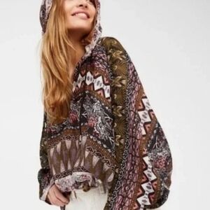 Free People Boho Multicolor Festival Peasant Hooded Blouse Size XS